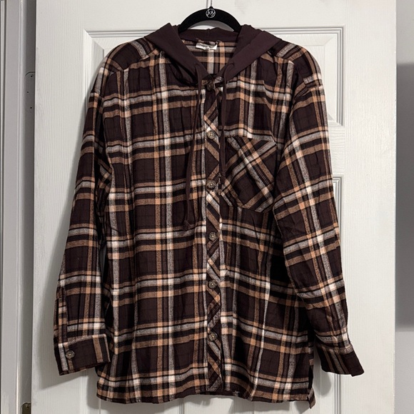 Maurices Tops - Maurices Brown Plaid Hooded Button-Up Shirt